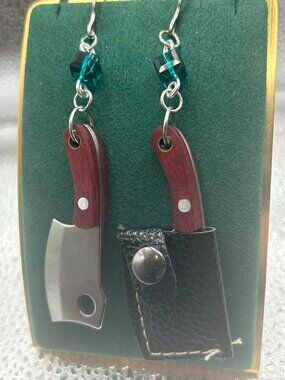 Handmade Witch B*tch Real Mini Butcher Knife and Blue/Green Glass Bead Earrings